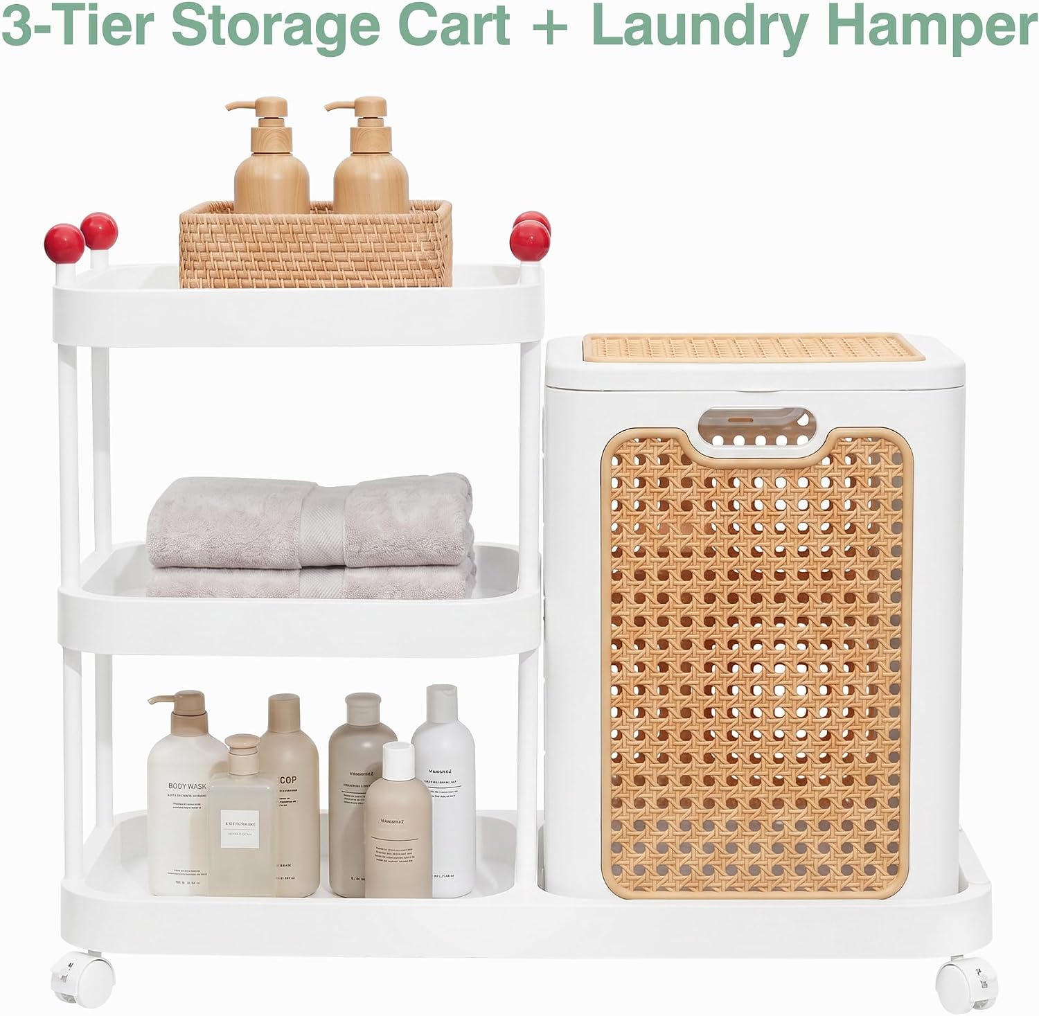 VECELO Rattan-Style Rolling Laundry Hamper Cart