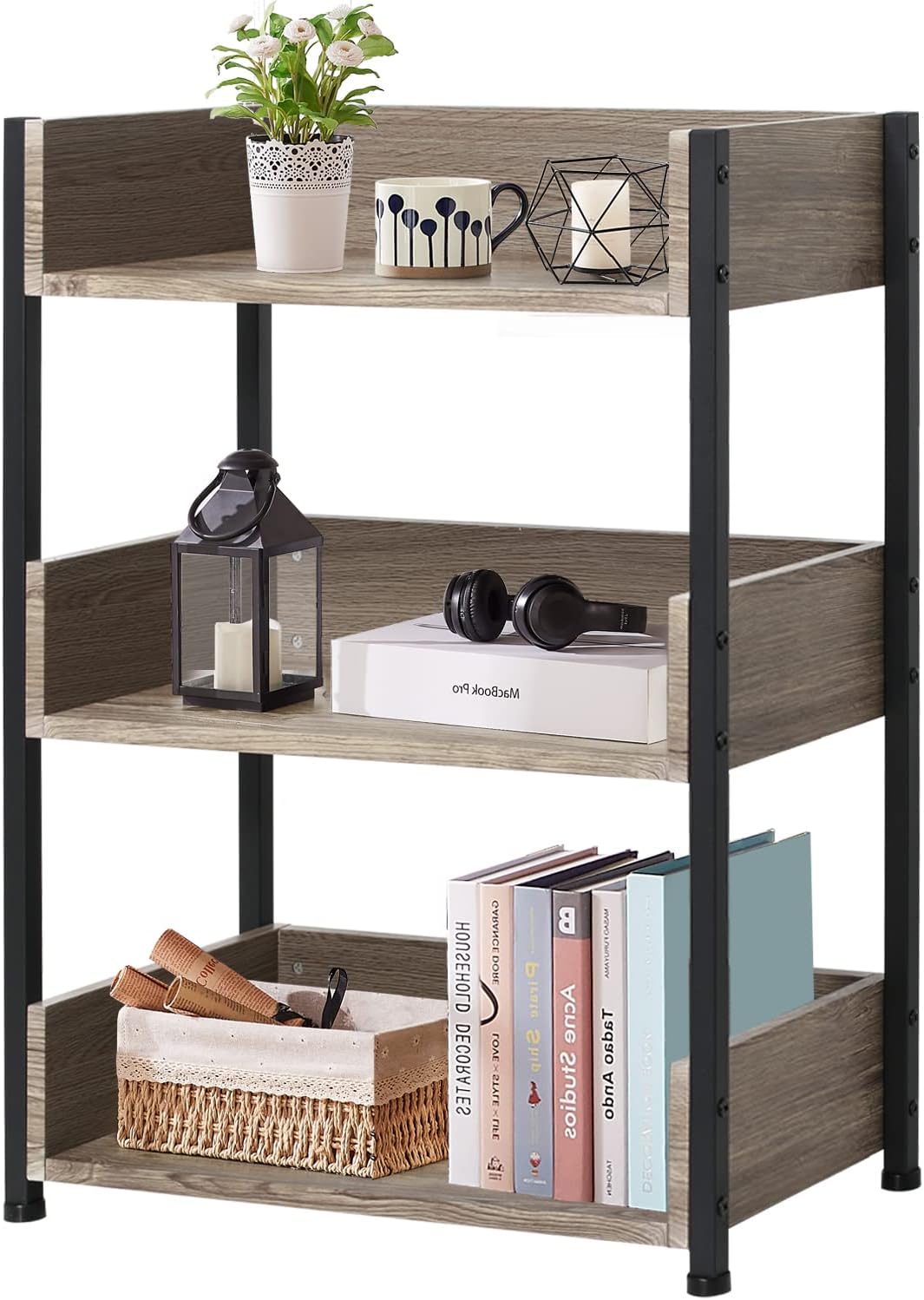 VECELO 3-Tier Bookcase with Storage Shelves, Industrial Style Wooden  Bookshelf Storage Organizer Display Rack, Antique Brown 