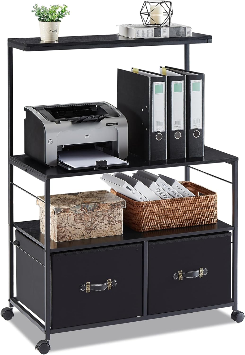 VECELO Lateral File Cabinet with 2 Big Rolling Printer Stand with 3 Open Storage Shelf