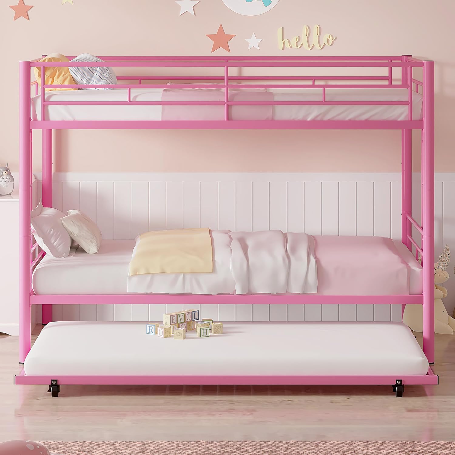 VECELO Bunk Bed Twin Over Twin with Trundle, Metal Bunkbeds with Ladder and Full-Length Guardrail - VECELO