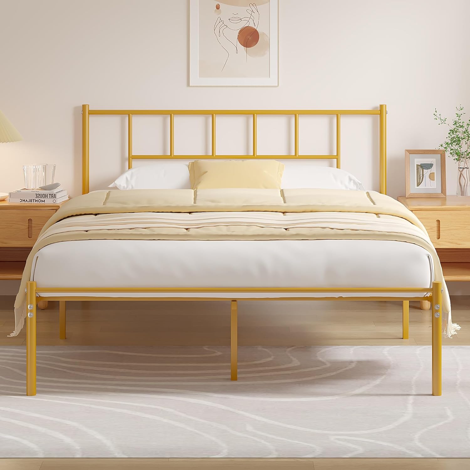 VECELO Bed Frame, 14 Inch Metal Platform with Headboard, Heavy Duty Steel Slat Support - VECELO