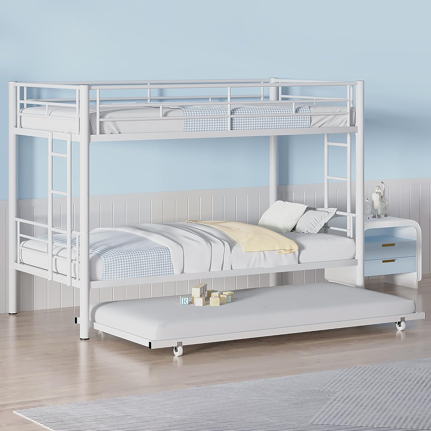 VECELO Bunk Bed Twin Over Twin with Trundle, Metal Bunkbeds with Ladder and Full-Length Guardrail - VECELO