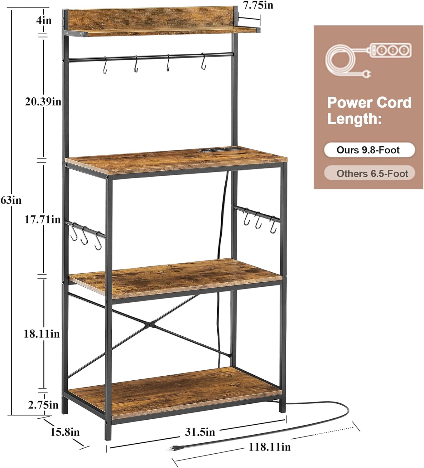 VECELO Bakers Rack with Power Outlets Floor Standing Coffee Bar