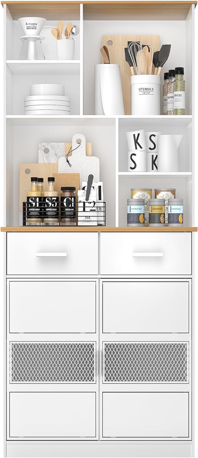 Kitchen Pantry Storage Cabinet with Drawers & Open Shelves with