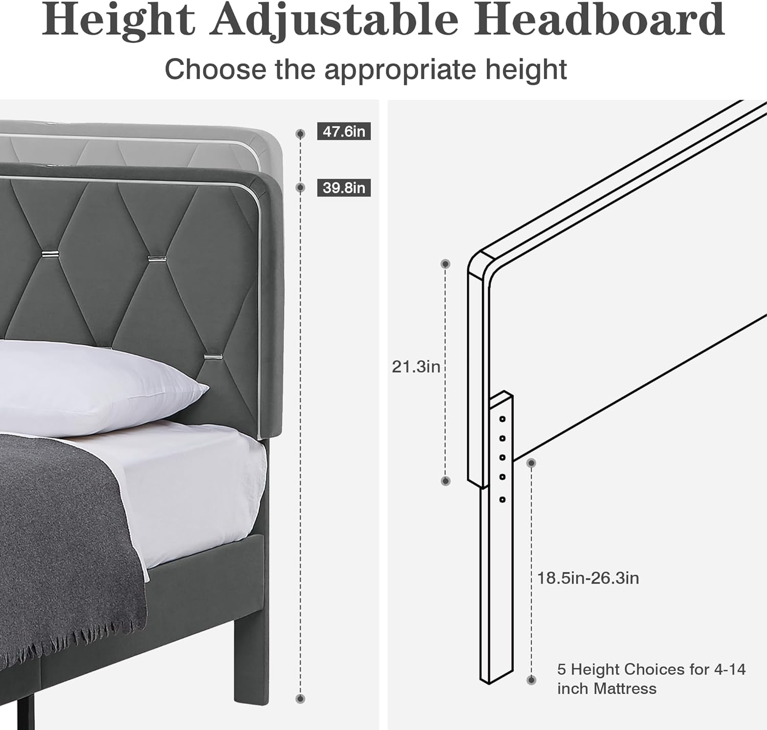 VECELO Upholstered Bed Frame with LED Lights, Charging Station, Velvet Platform Bed