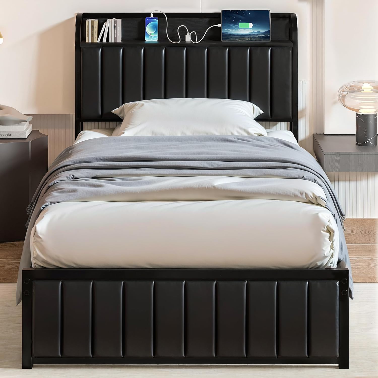 VECELO Twin Bed Frame, Storage Upholstered Headboard with Charging Station