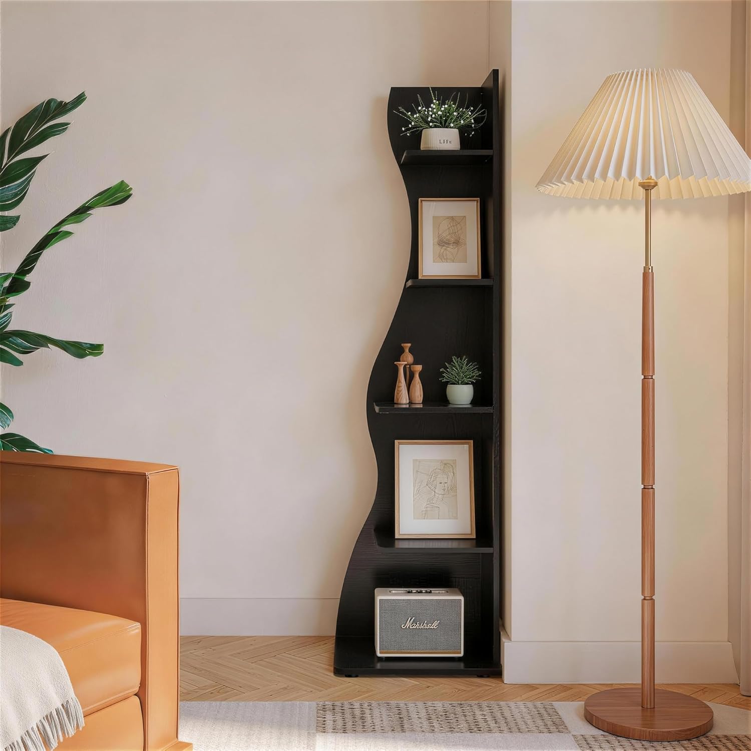 VECELO Wavy Corner Shelf, Decorative 5-Tier Storage Bookshelf