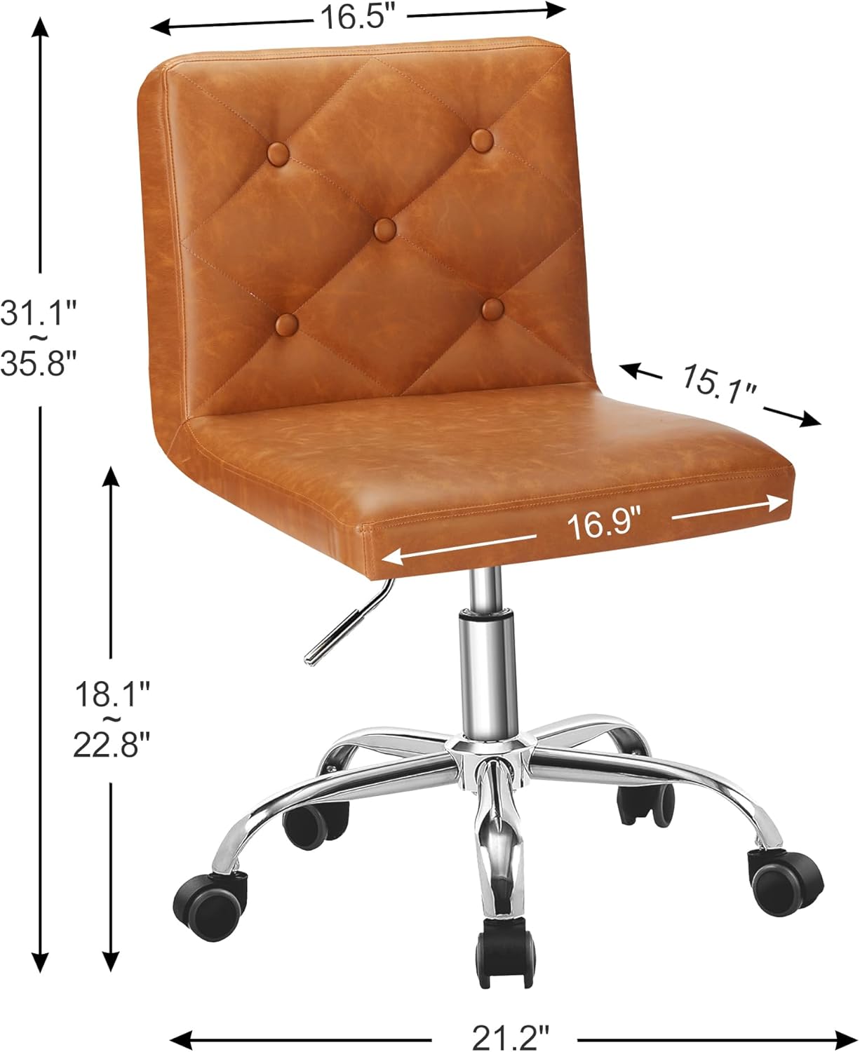 VECELO PU Leather Mid-Back Armless Desk Chair Adjustable Height 360° Rolling Swivel