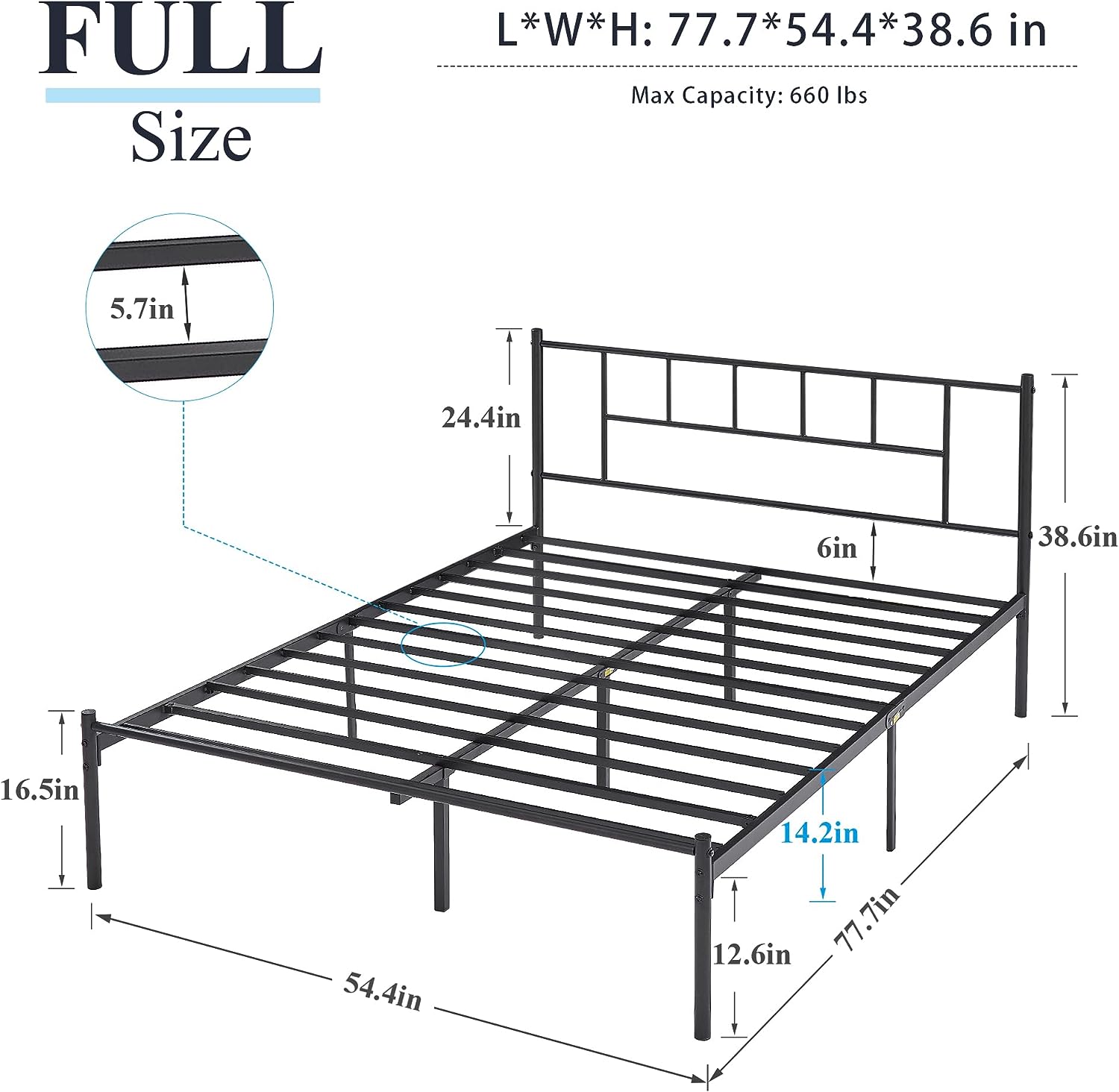 VECELO Bed Frame, 14 Inch Metal Platform with Headboard, Heavy Duty Steel Slat Support - VECELO