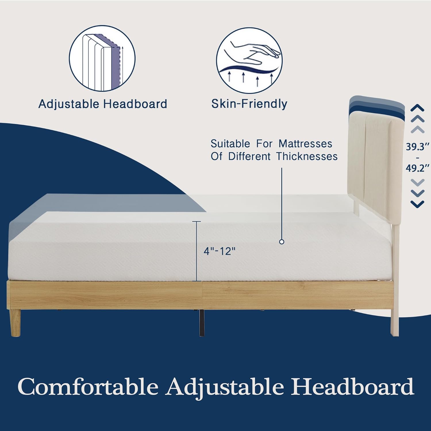 VECELO Upholstered Platform Bed Frame with Height-Adjustable Cotton and Linen Headboard