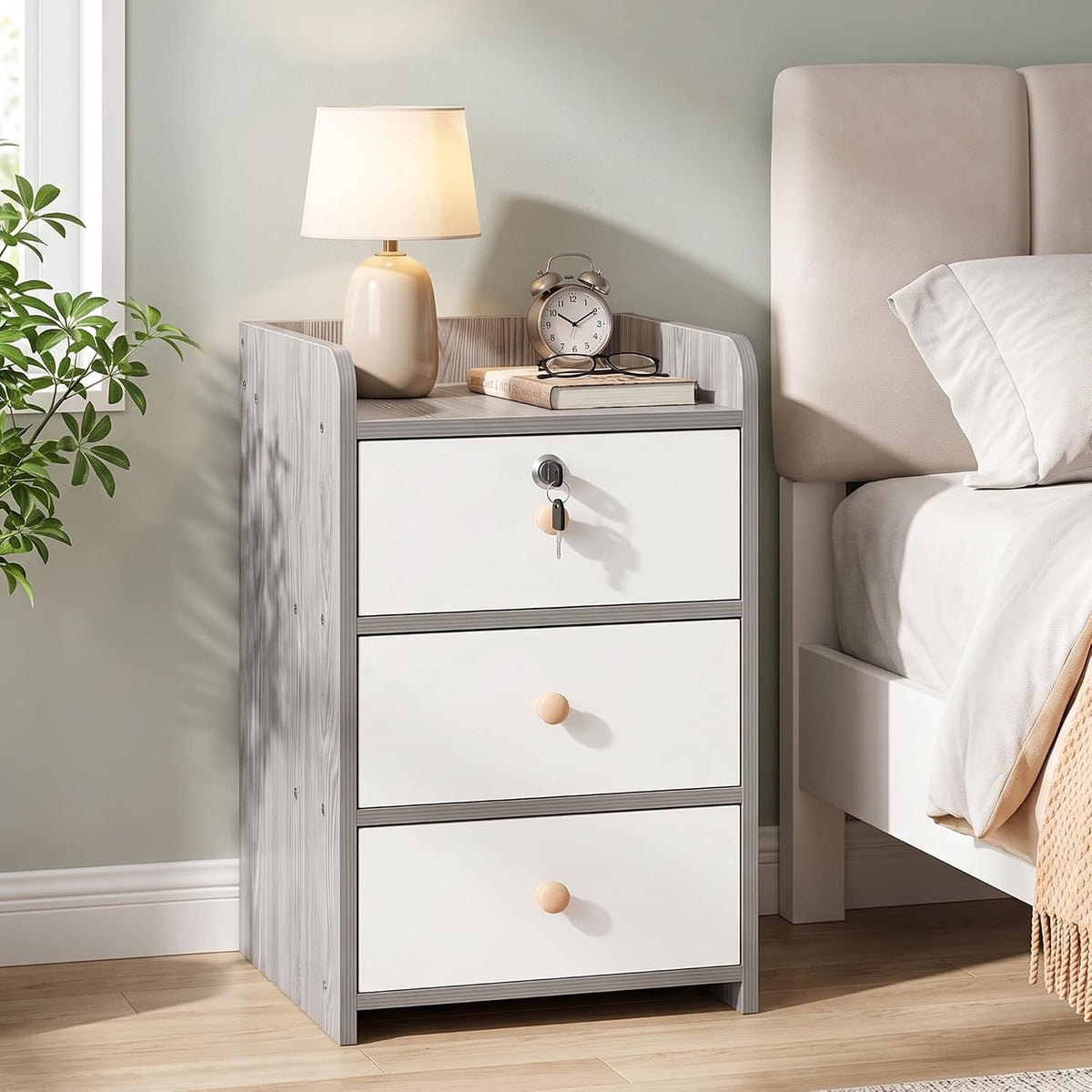 VECELO Nightstand with 3 Drawers Farmhouse End Table with Storage Bedside Night Stand for Bedroom Living Room