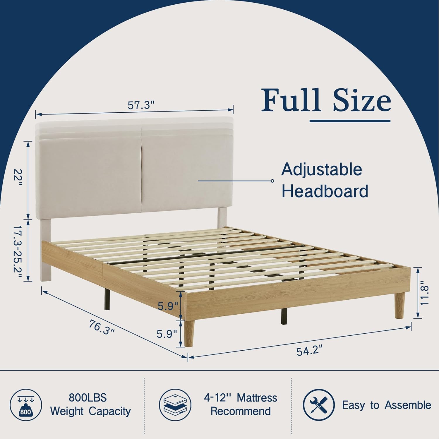 VECELO Upholstered Platform Bed Frame with Height-Adjustable Cotton and Linen Headboard
