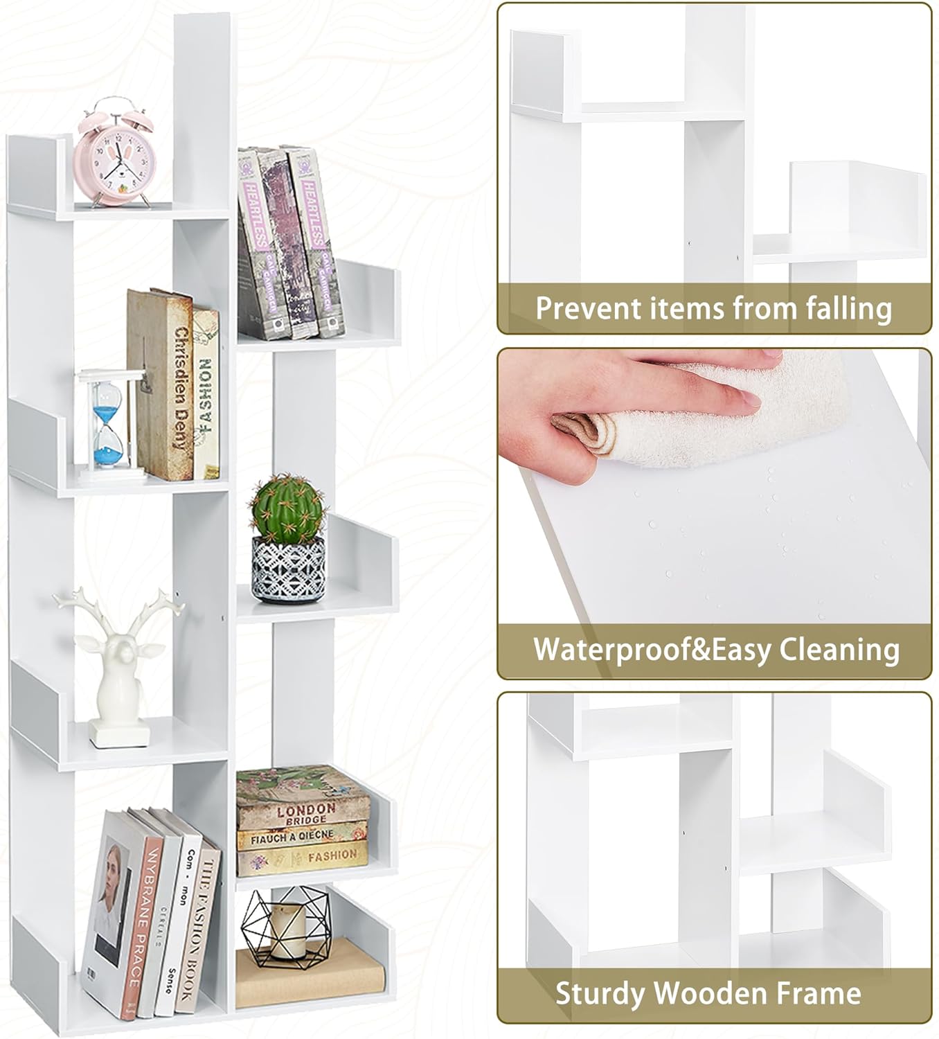 VECELO Tree Bookshelf, Geometric 8 Shelf Tree Bookcase Wood Bookshelves Display