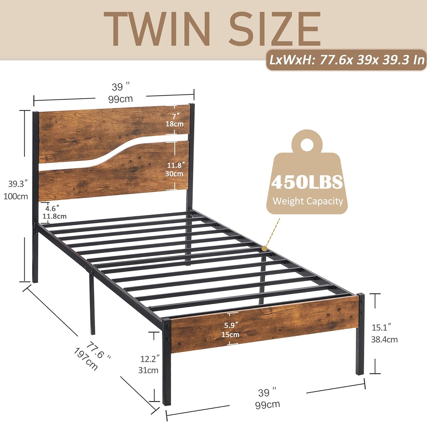 VECELO Platform Bed Frame/Mattress Foundation with Rustic Vintage Wood Headboard
