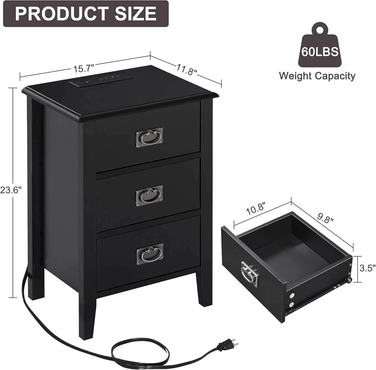 VECELO Nightstand Set of 2 with Charging Station