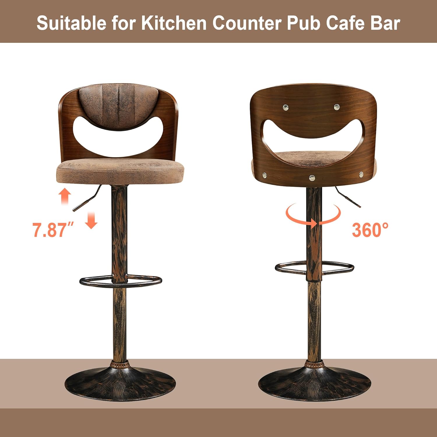 VECELO Bar Stool Set of 2,Counter Height Stools with Bentwood Back - VECELO