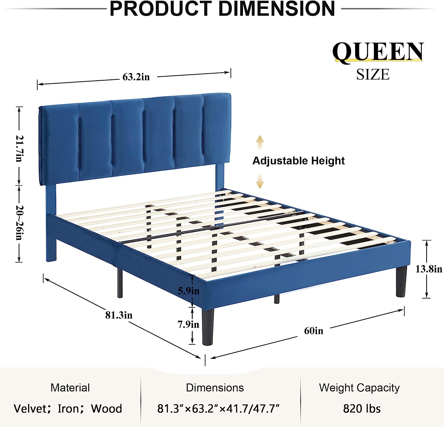 VECELO Modern Upholstered Platform Bedframe, Adjustable Headboard