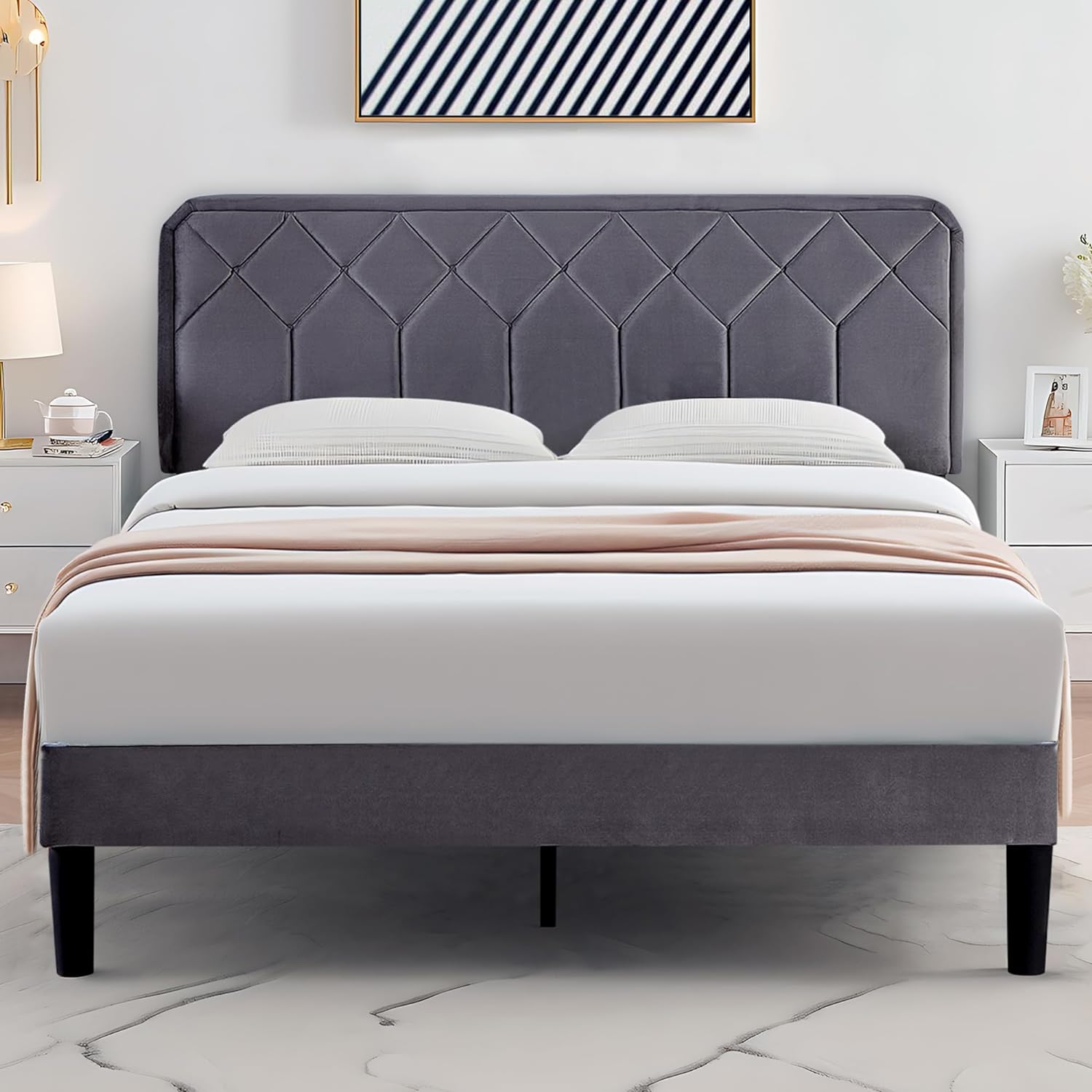 VECELO Premium Leather Upholstered Platform Bed Frame