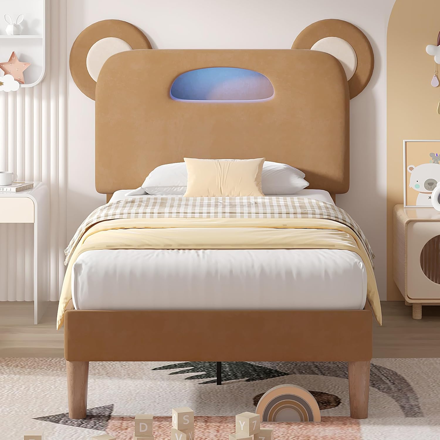 VECELO Twin Size Bed Frame with LED Light, Upholstered Platform Bedframe with Bear Adjustable Headboard