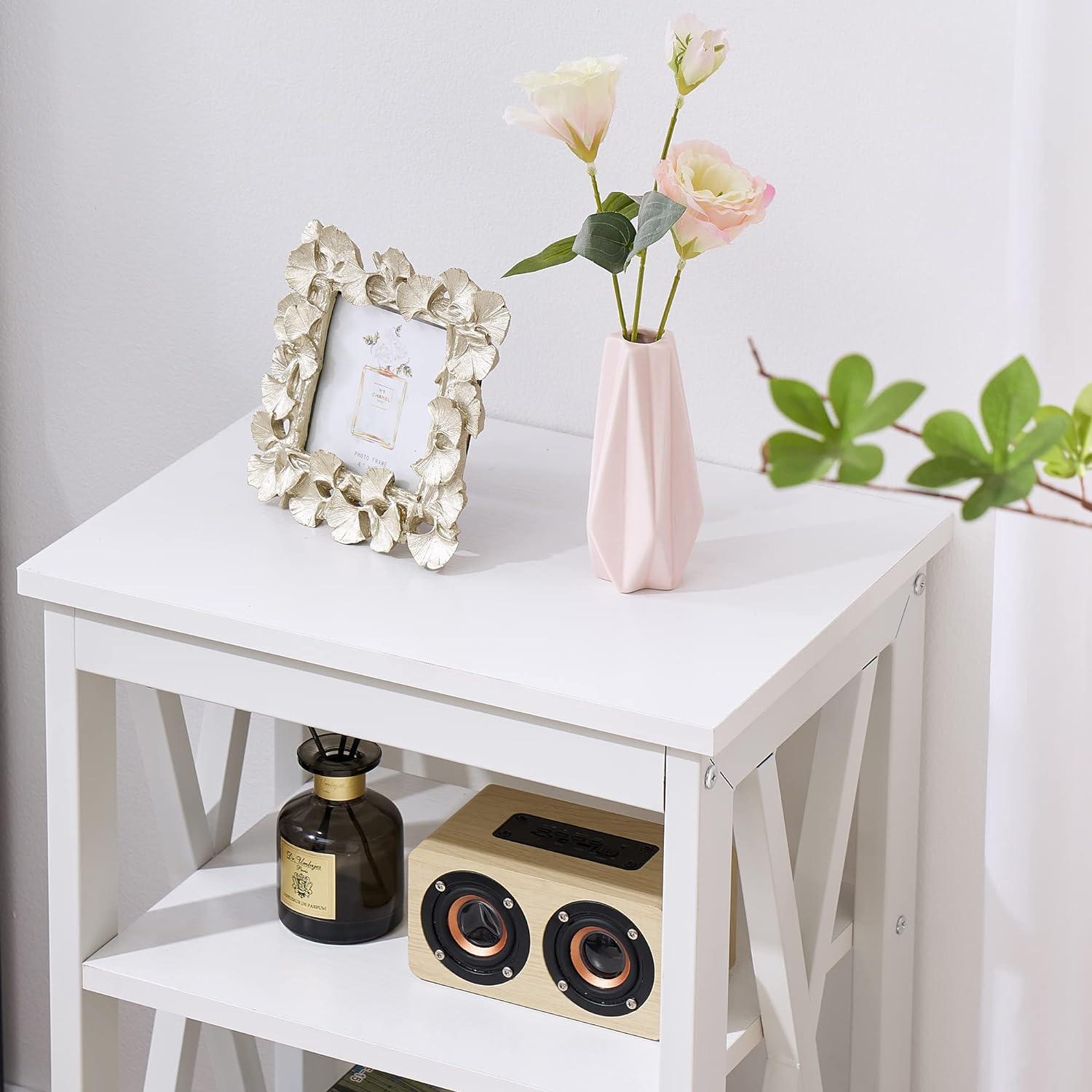 Modern Nightstand/Side End Table with X-Design Frame & 3-Tiers Open Storage Shelf