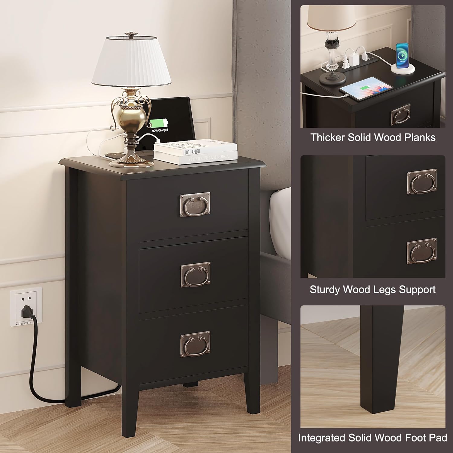 VECELO Nightstand Set of 2 with Charging Station