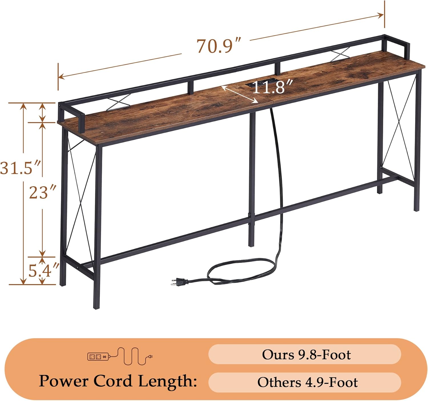 VECELO 71 Inch Console Table with 2 Outlet and 2 USB Ports