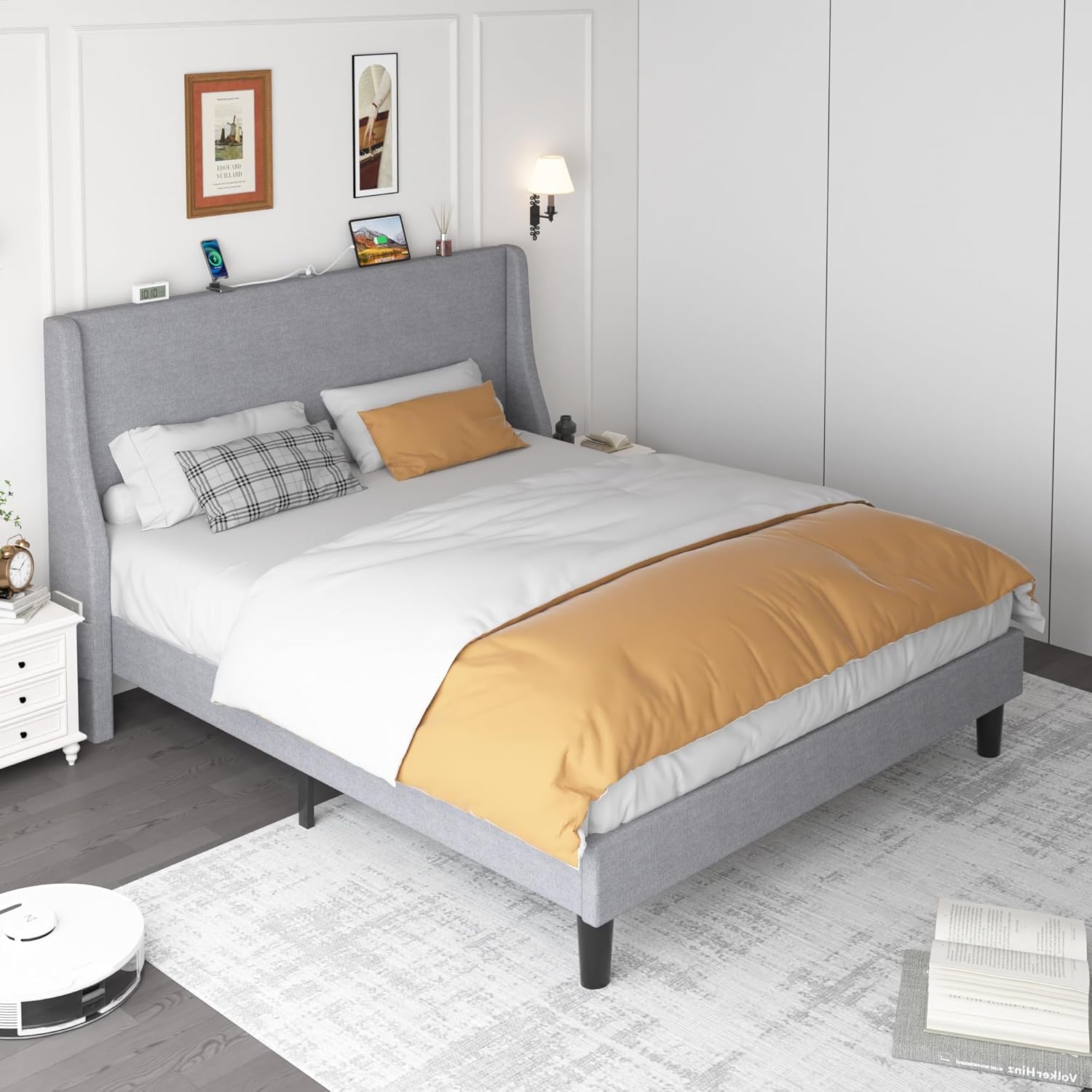 VECELO Bed Frame with Upholstered Wingback Headboard