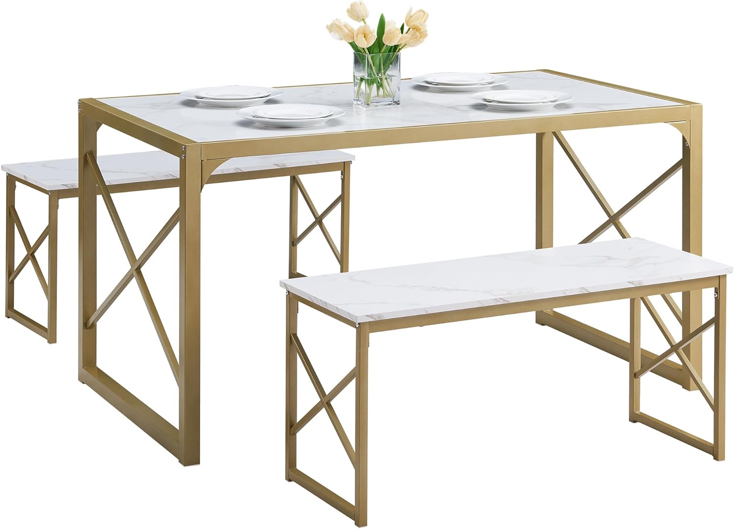 VECELO Kitchen Table with 2 Benches for 4