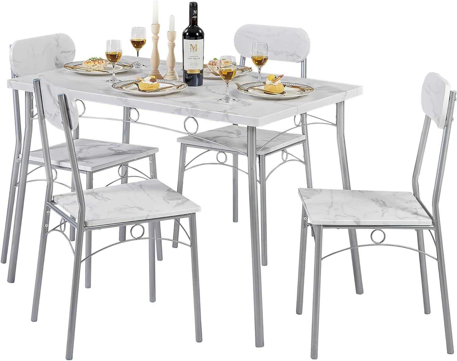VECELO Farmhouse Style 5 Piece Dining Table Set Metal and Wood Rectangular Table with 4 Chairs - VECELO