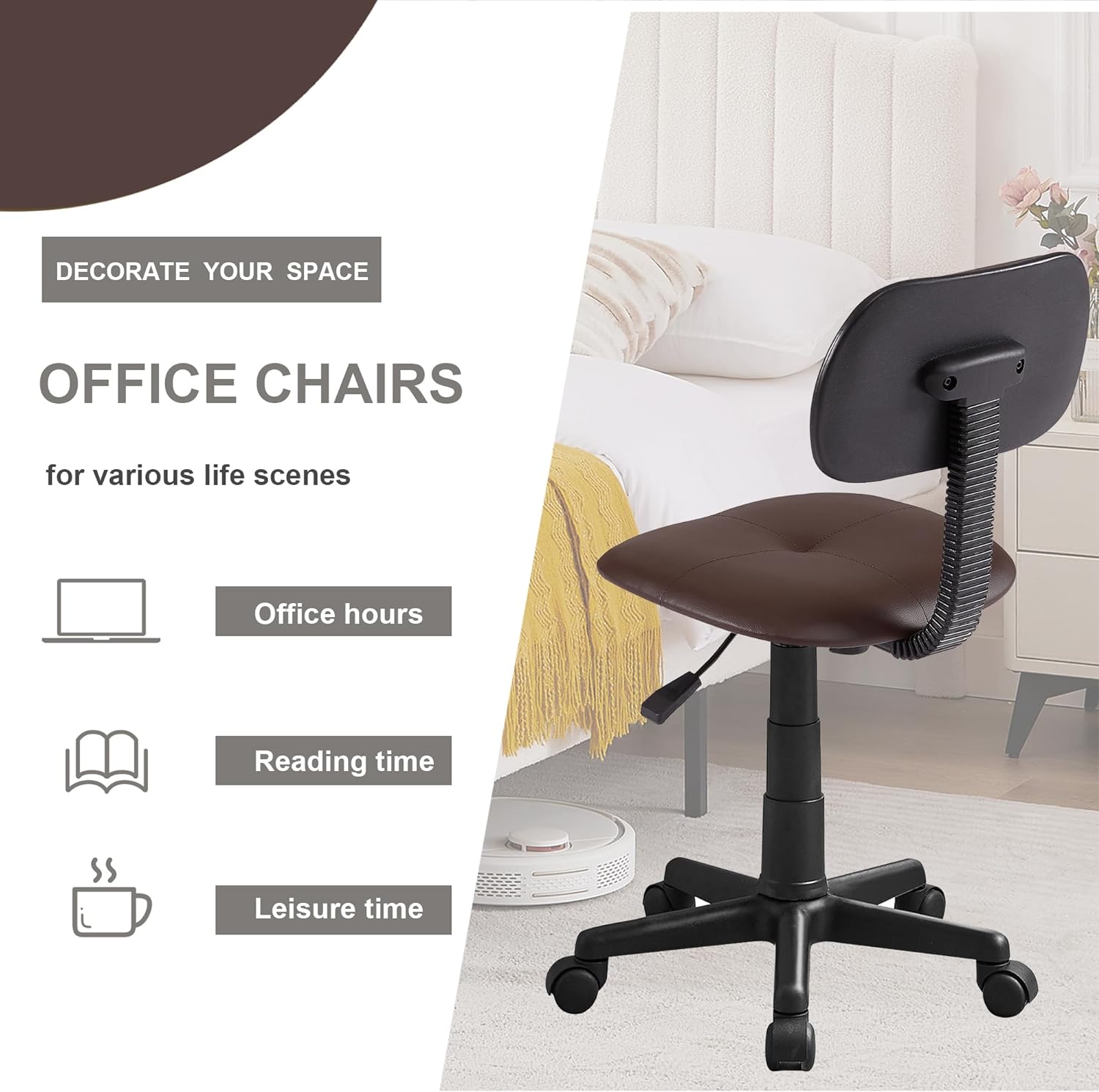 VECELO Armless Home Office Chair Low-Back Height Adjustable Stools