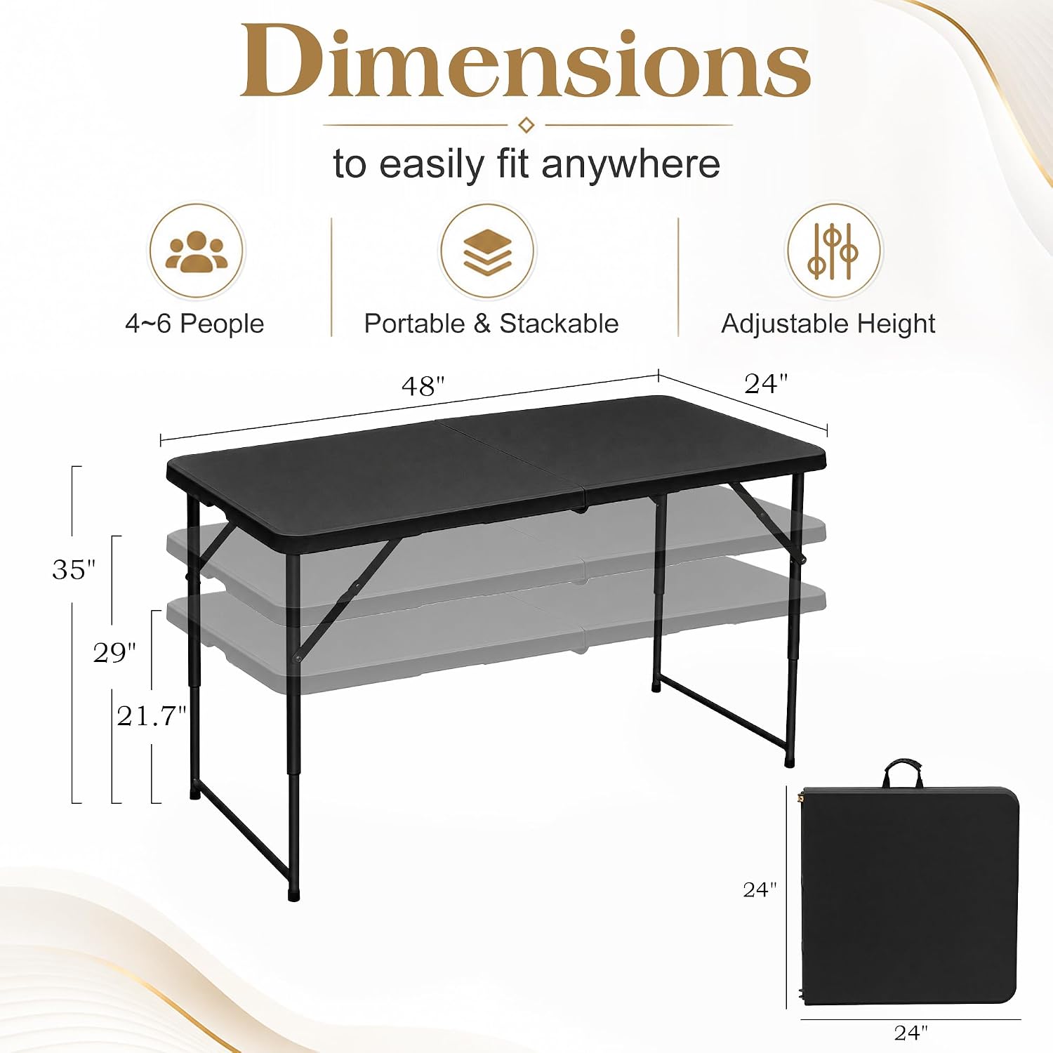 VECELO Folding Table 4 Ft, 3 Adjustable Height