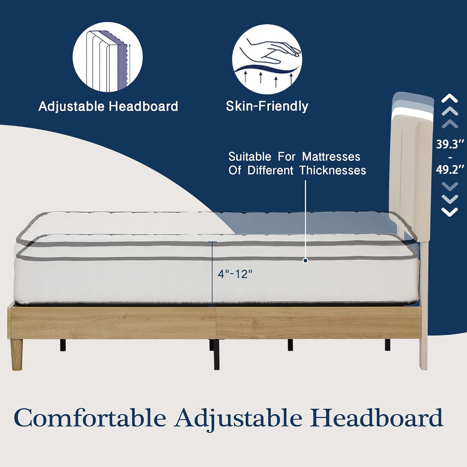 VECELO Upholstered Platform Bed Frame with Height-Adjustable Cotton and Linen Headboard