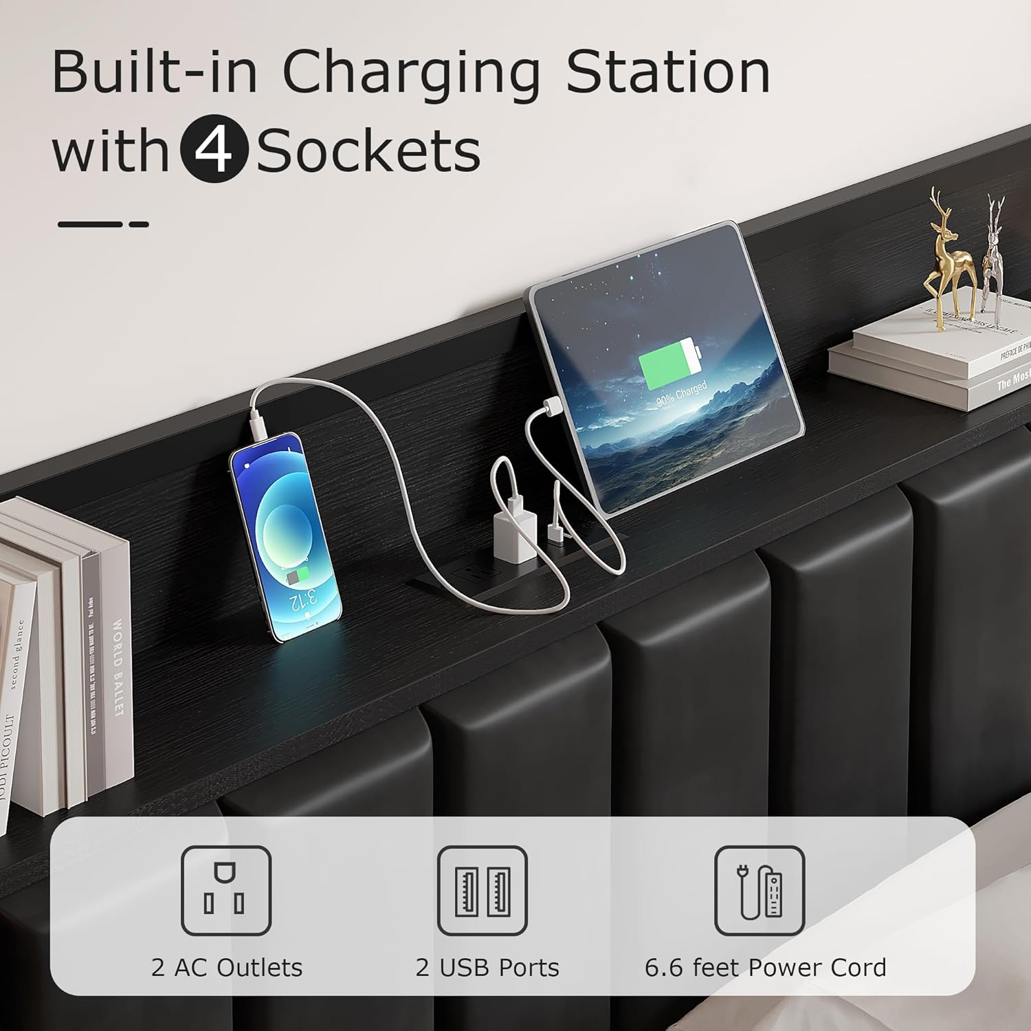 VECELO Twin Bed Frame, Storage Upholstered Headboard with Charging Station