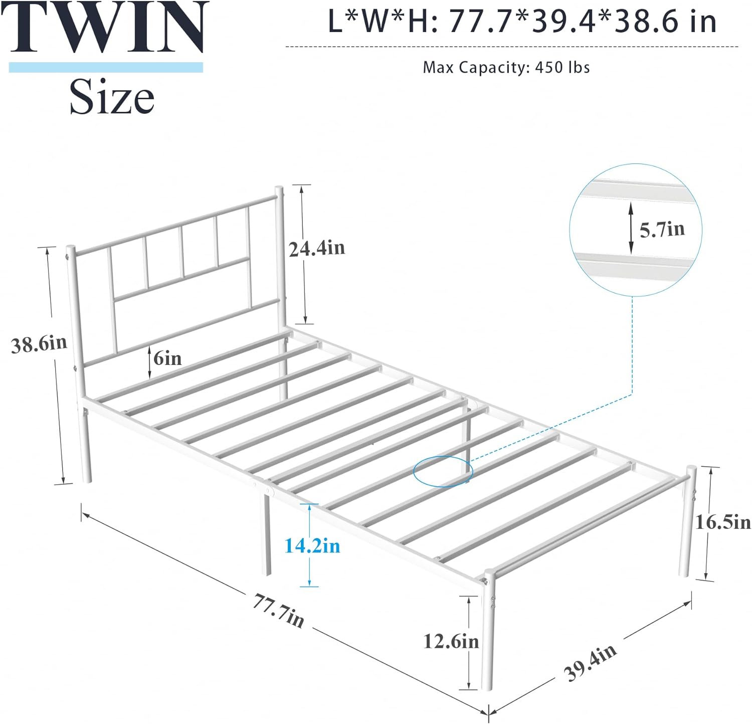VECELO Bed Frame, 14 Inch Metal Platform with Headboard, Heavy Duty Steel Slat Support - VECELO