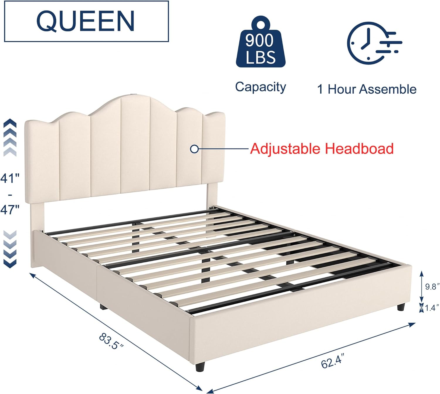 VECELO Upholstered Platform Bed Frame with Type-C & USB Charging Stations