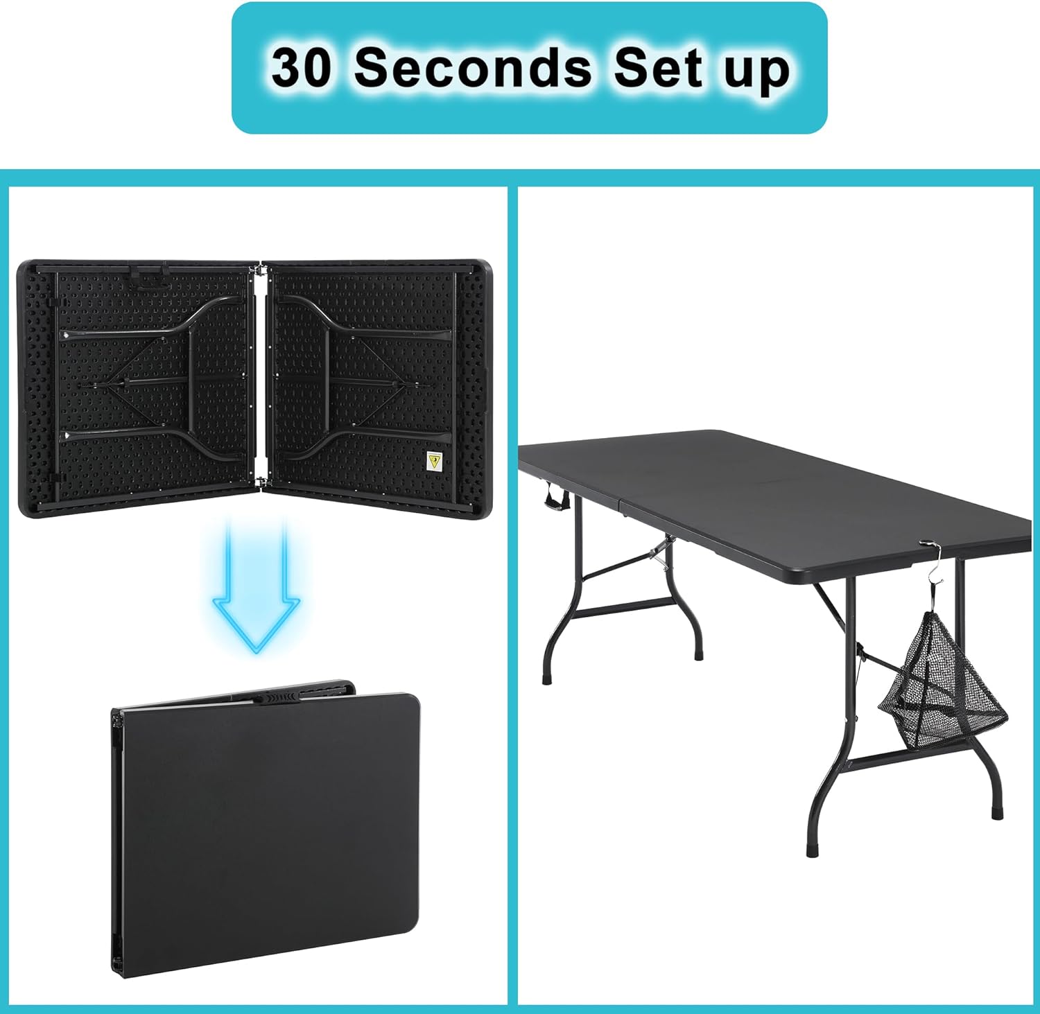 VECELO 6Ft Plastic Folding Table Heavy Duty Indoor Outdoor Portable Picnic Foldable Desk with Handle Mesh Trash Bag&Lock Legs - VECELO