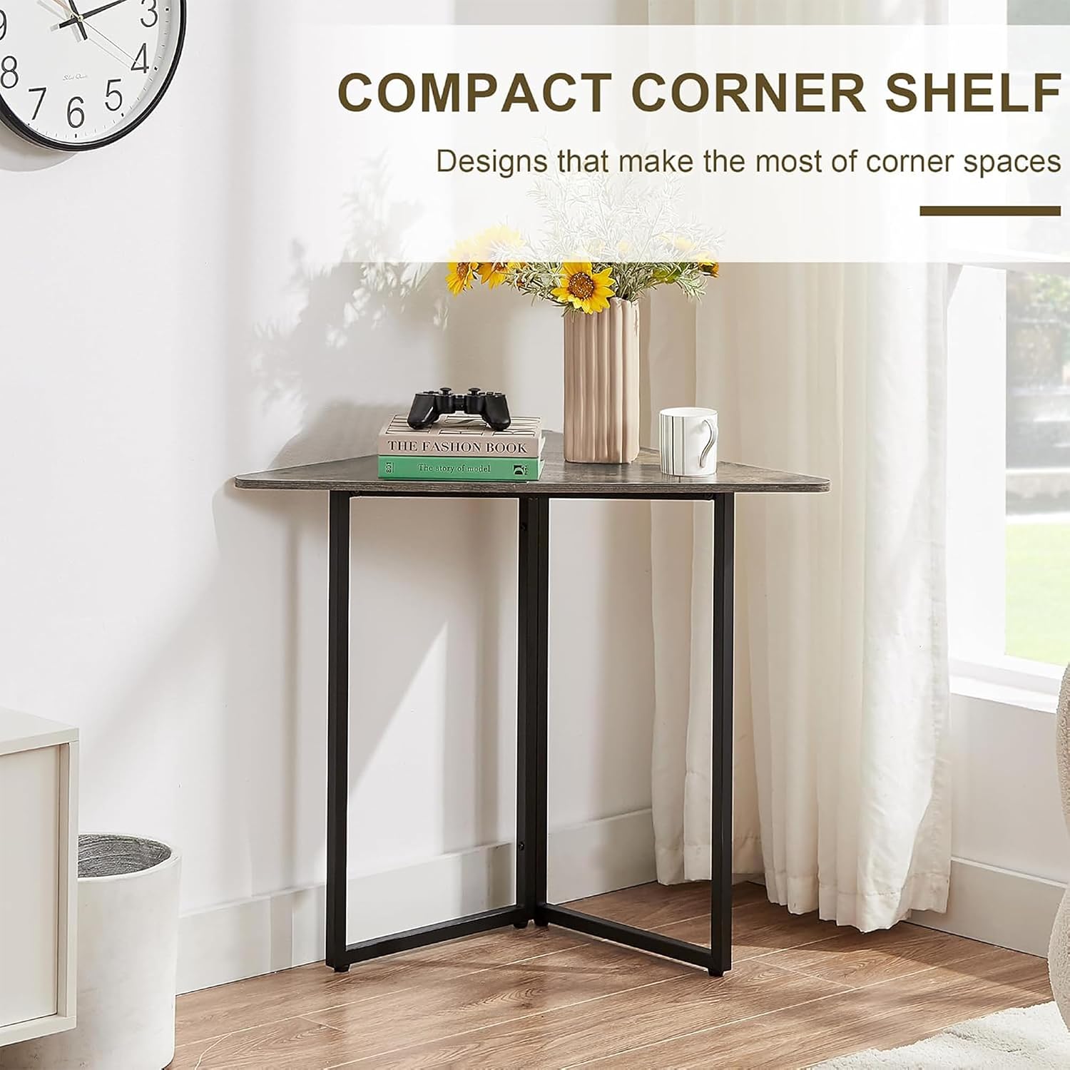 VECELO Corner Shelf, End Side Tables, Triangle Shelves with Metal Frame for Small Space