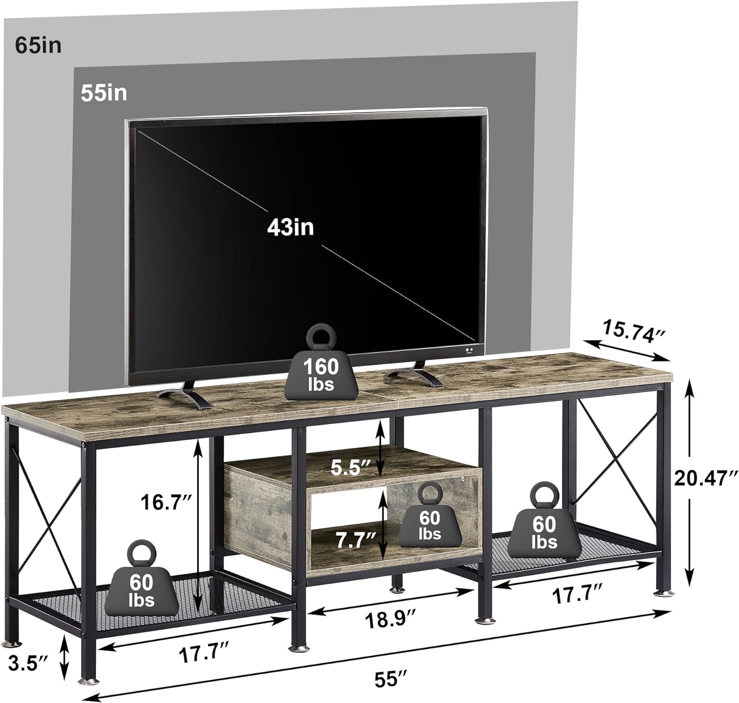 VECELO Industrial TV Stand Television Cabinet 3-Tier Console with Open Storage Shelves, Entertainment Center with Metal Frame for Living Room