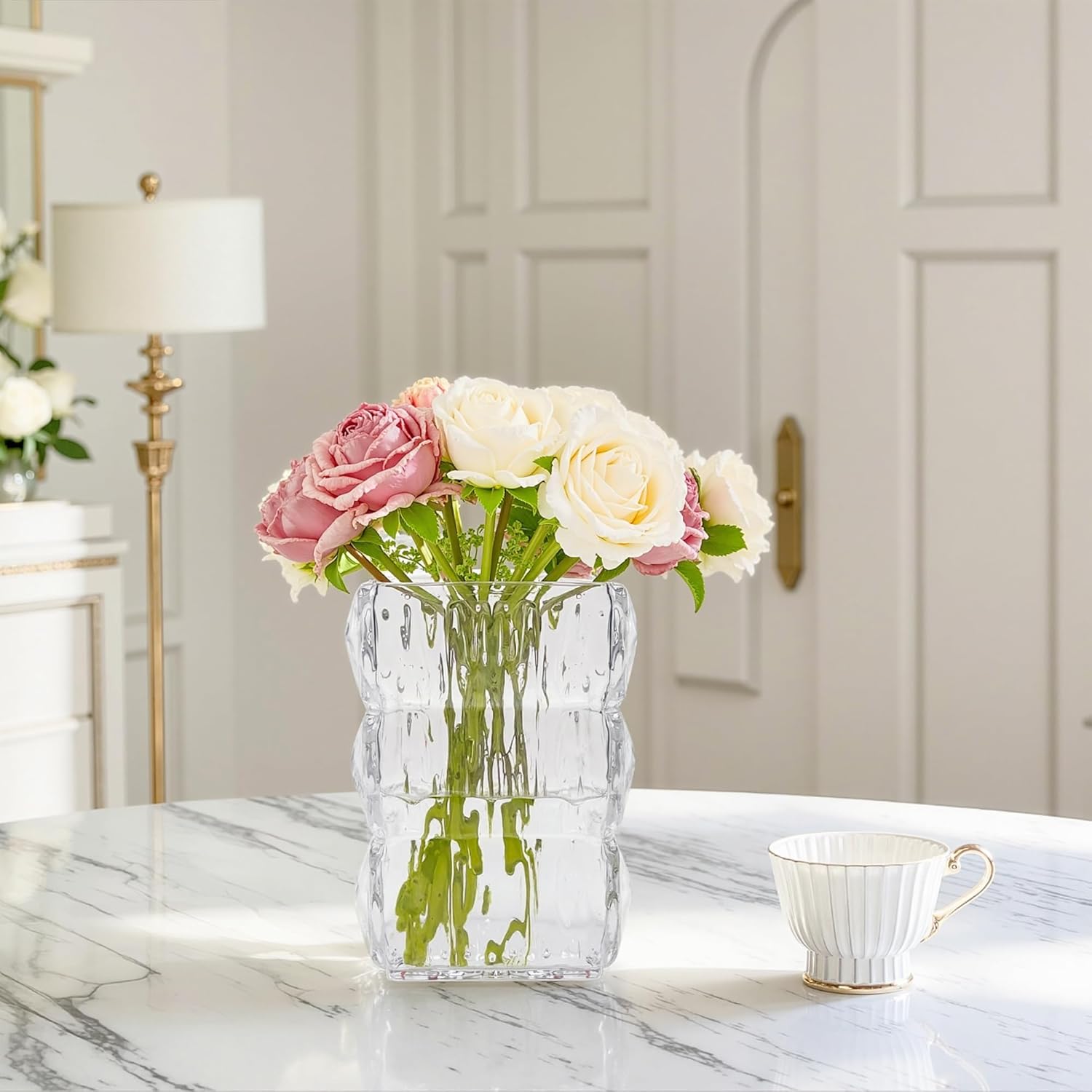 VECELO Crystal Glass Vase - Textured Clear Flower Vase