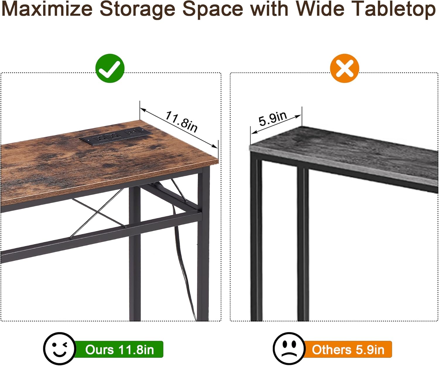 VECELO 11.8" Skinny Behind Sofa Console Table with Charging Station