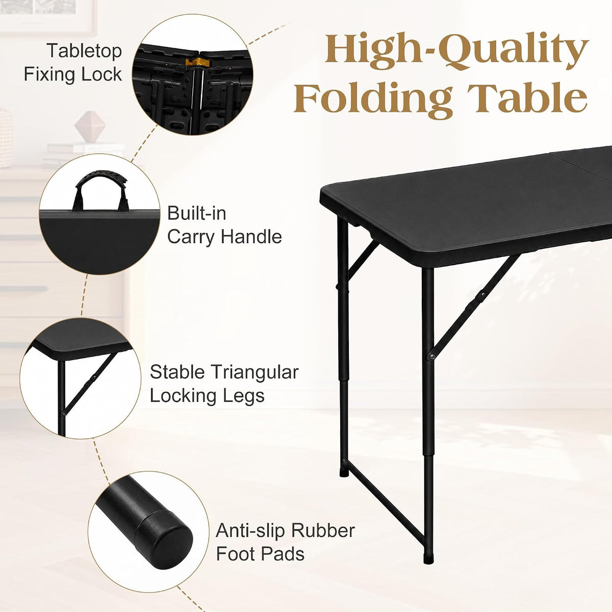 VECELO Folding Table 4 Ft, 3 Adjustable Height
