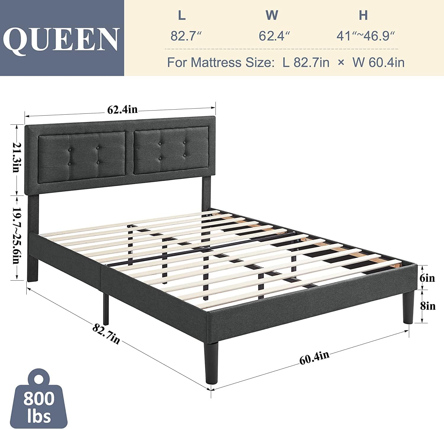 VECELO Upholstered Platform Bed Frame with Height Adjustable Headboard