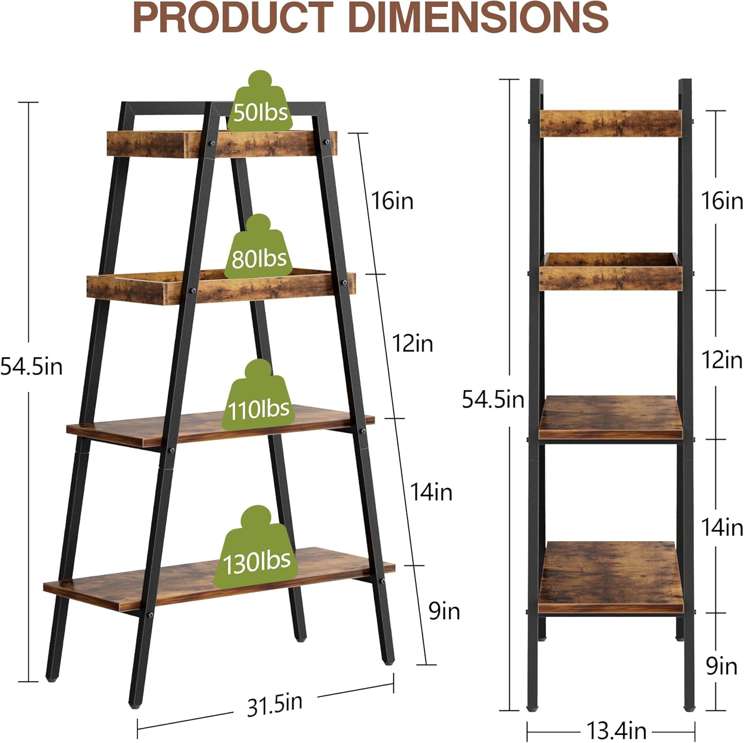 VECELO Ladder Shelf/Display Shelf 4 Tier Storage Bookcase Rack Wood & Steel