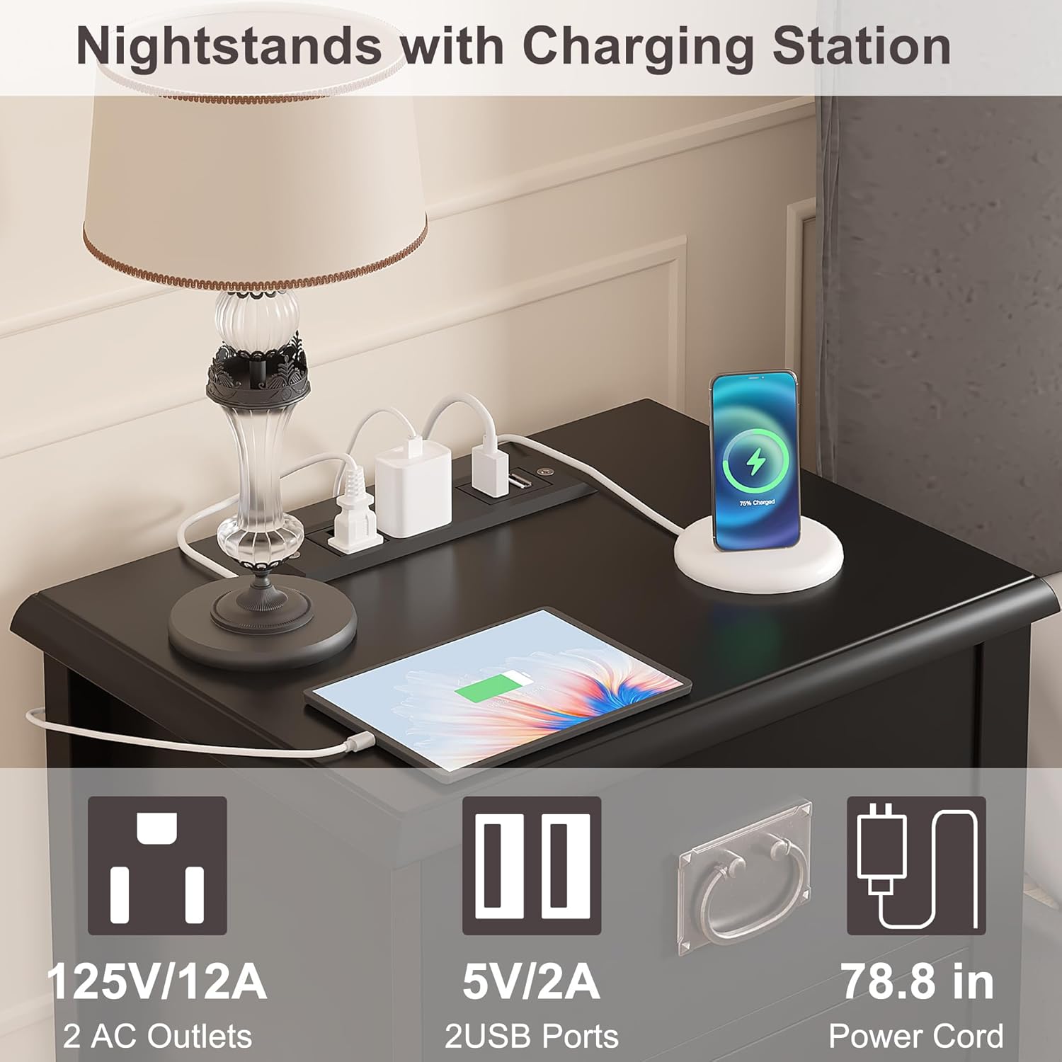VECELO Nightstand Set of 2 with Charging Station