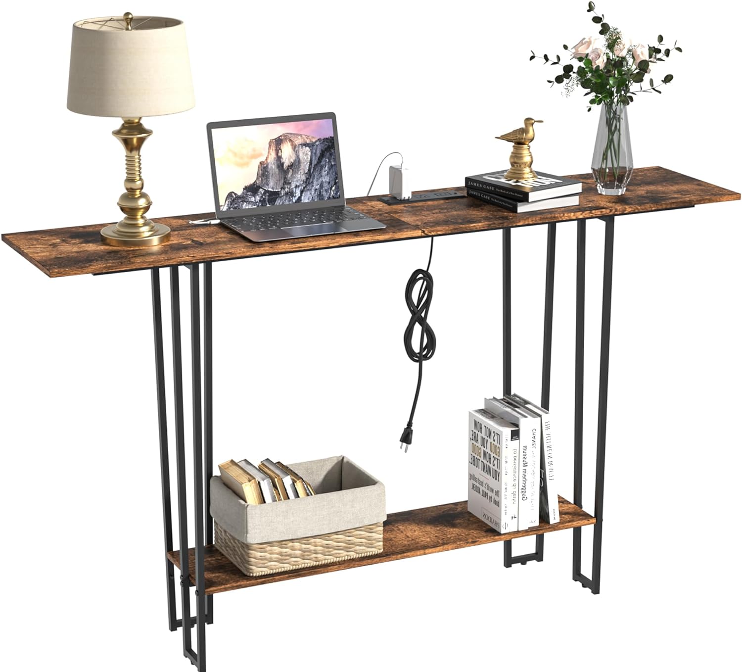 VECELO Couch Side & Console Table with 2 Outlets & 2 USB Ports