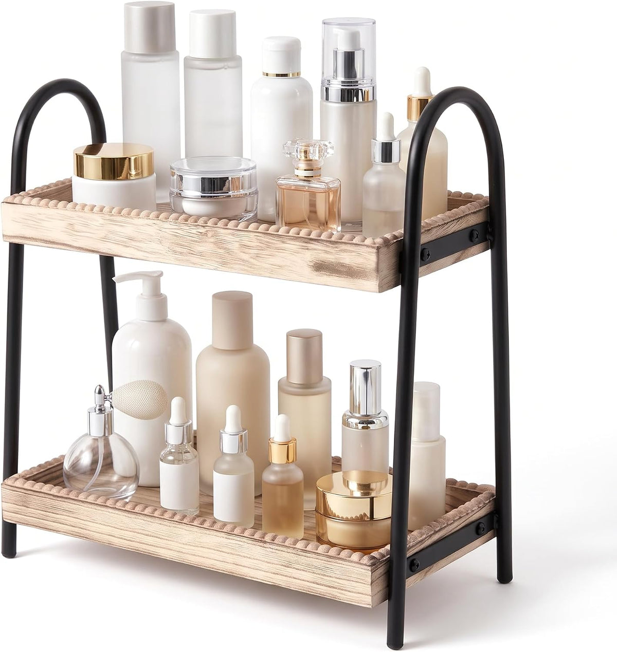 VECELO Bathroom Counter Organizer Wood Bead Makeup Organizer Countertop