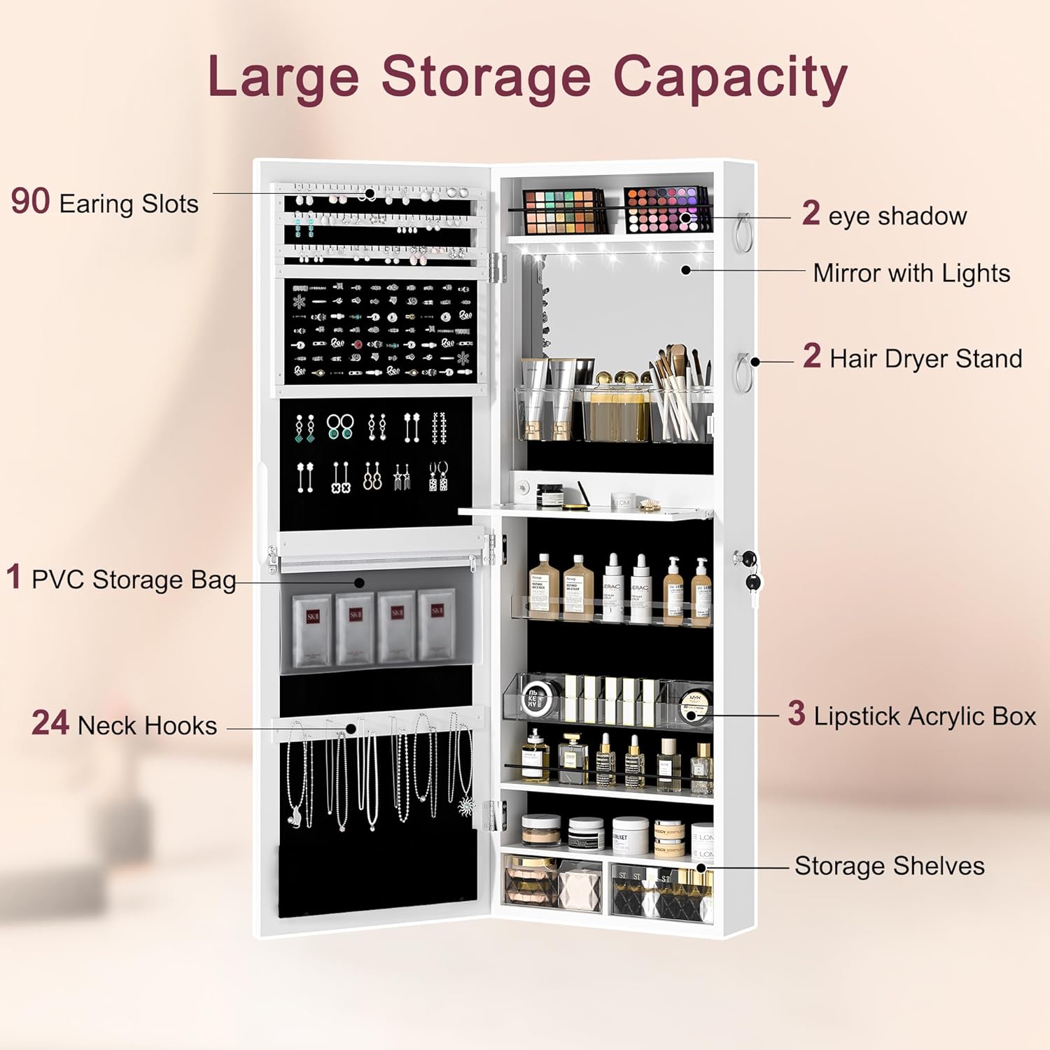 VECELO LED Mirror Jewelry Cabinet