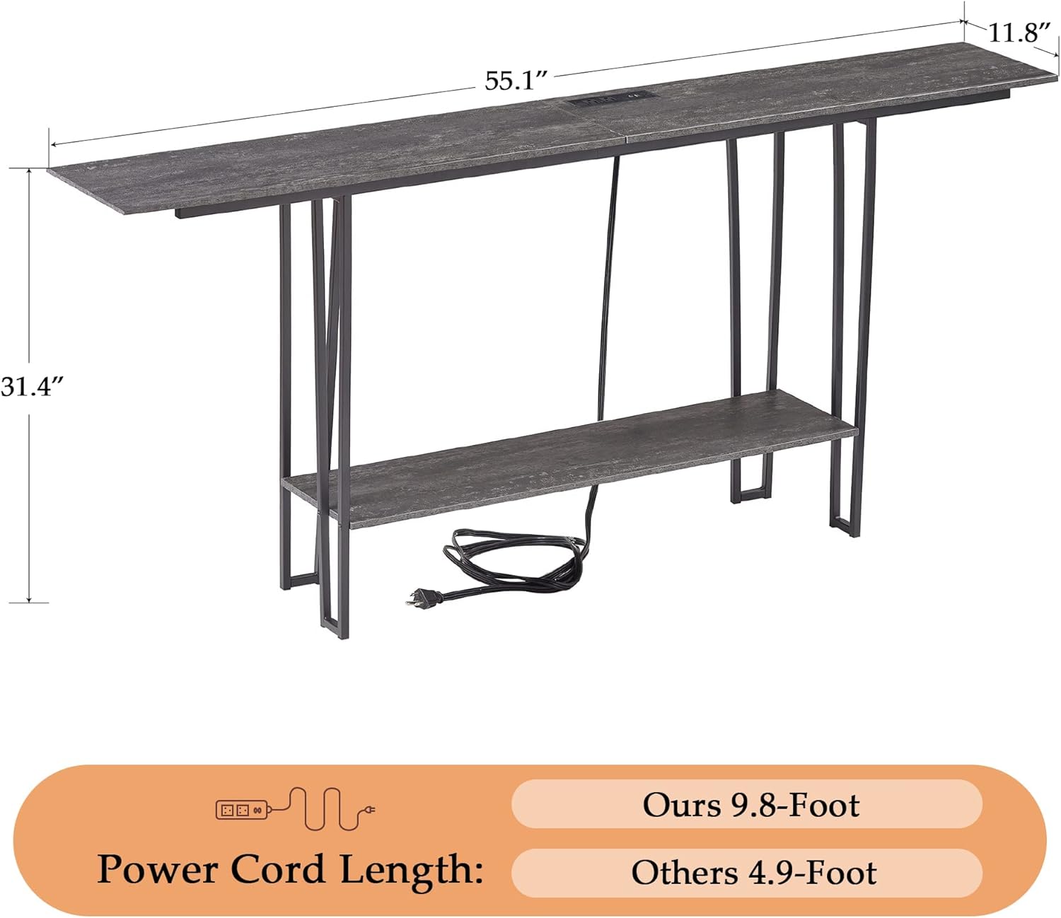 VECELO Couch Side & Console Table with 2 Outlets & 2 USB Ports