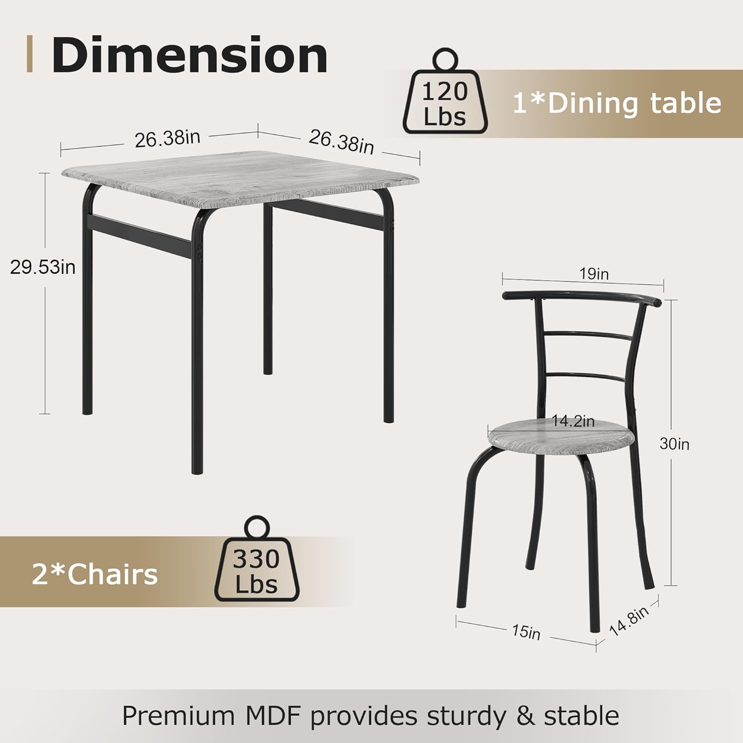 VECELO 3 Piece Dining Table & Chairs Set for 2