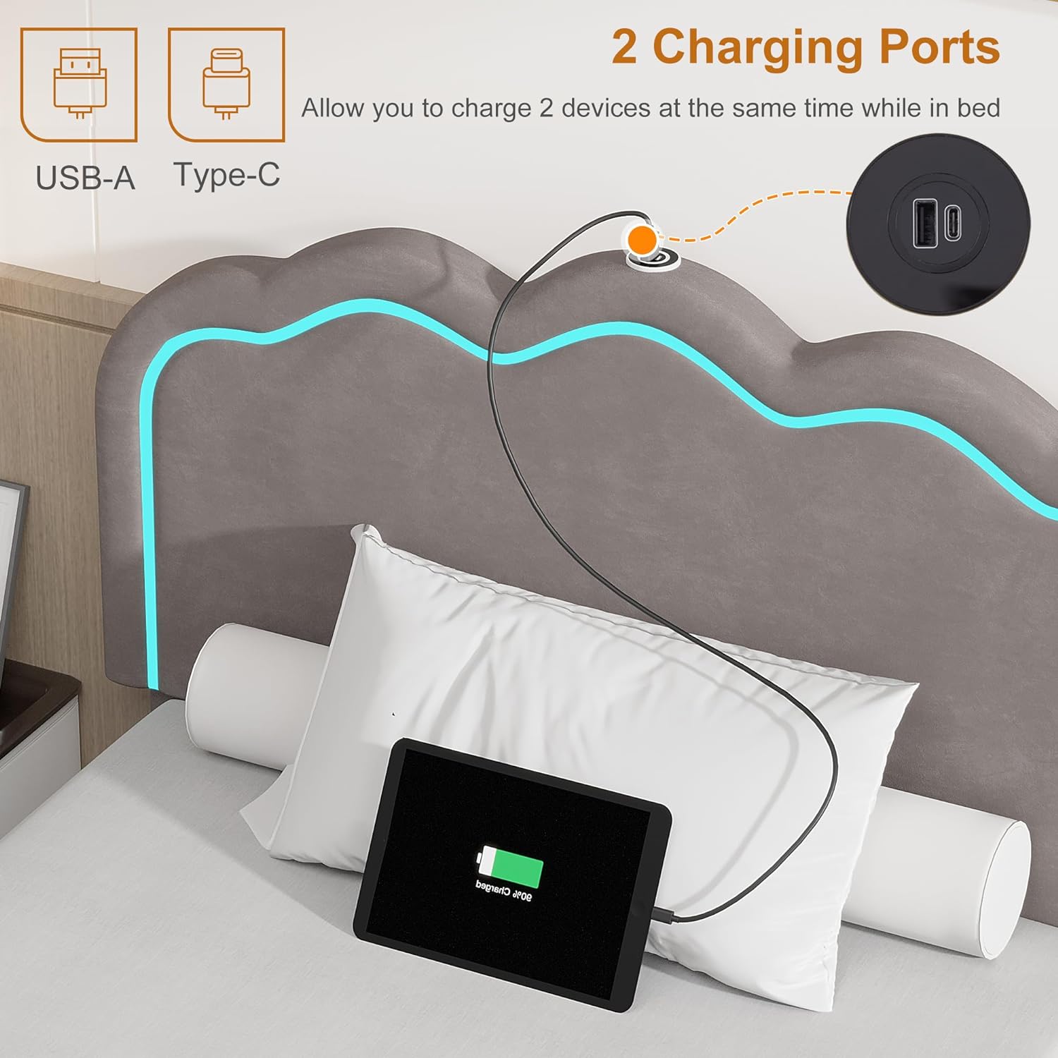 VECELO Upholstered Velvet Platform Bed Frame with Headboard Adjustable, LED Lights, USB-A & Type-C